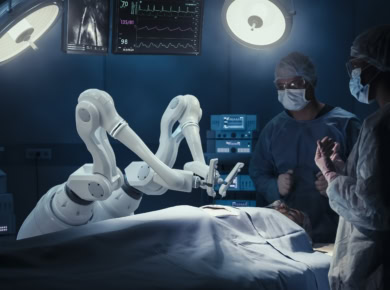 Two,Surgeons,Observing,High-precision,Programmable,Automated,Robot,Arms,Operating,Patient